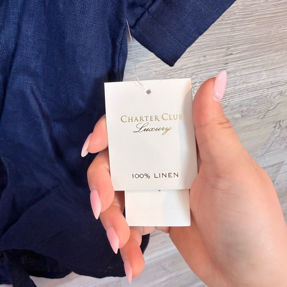 NWT Charter Club Luxury 100% Linen Tie-Front Top Intrepid Blue Small - Picture 7 of 12